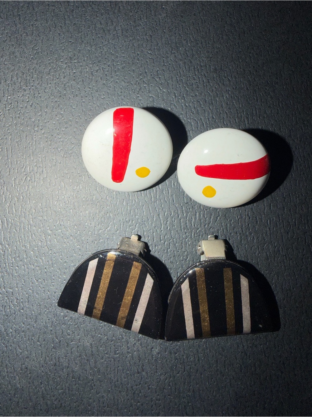 Vintage White & Red Round + Black Gold Striped Half-Moon Clip Earrings